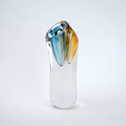 Handblown clear glass decorative vase set with multicolor internal swirl design