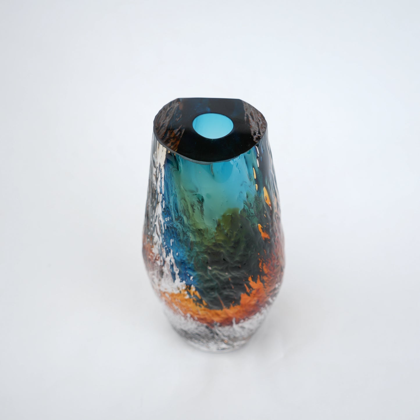 Aqua teal and amber core glass vase with textured clear exterior in two sizes