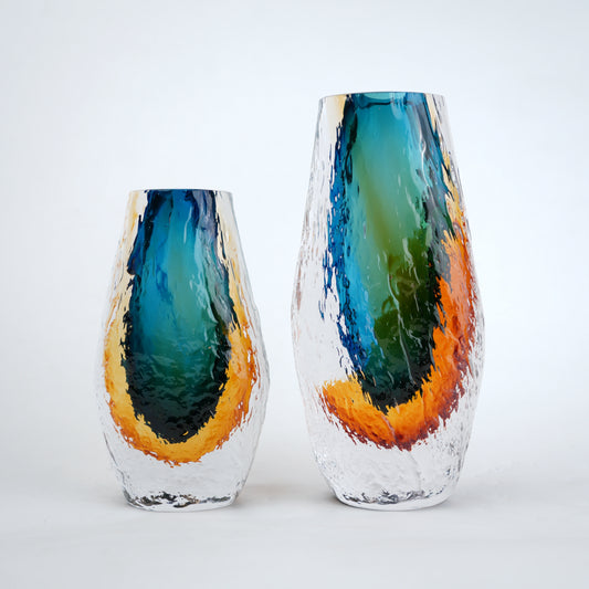 Aqua teal and amber core glass vase with textured clear exterior in two sizes