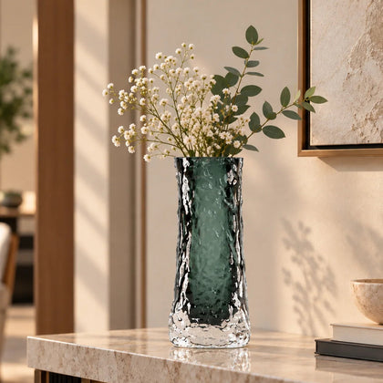 Transparent grey column glass vase with a tall vertical shape and smooth finish, designed for modern home decor and floral arrangements.