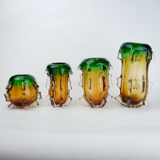 Green and amber gradient glass vase set with textured sculpted edges