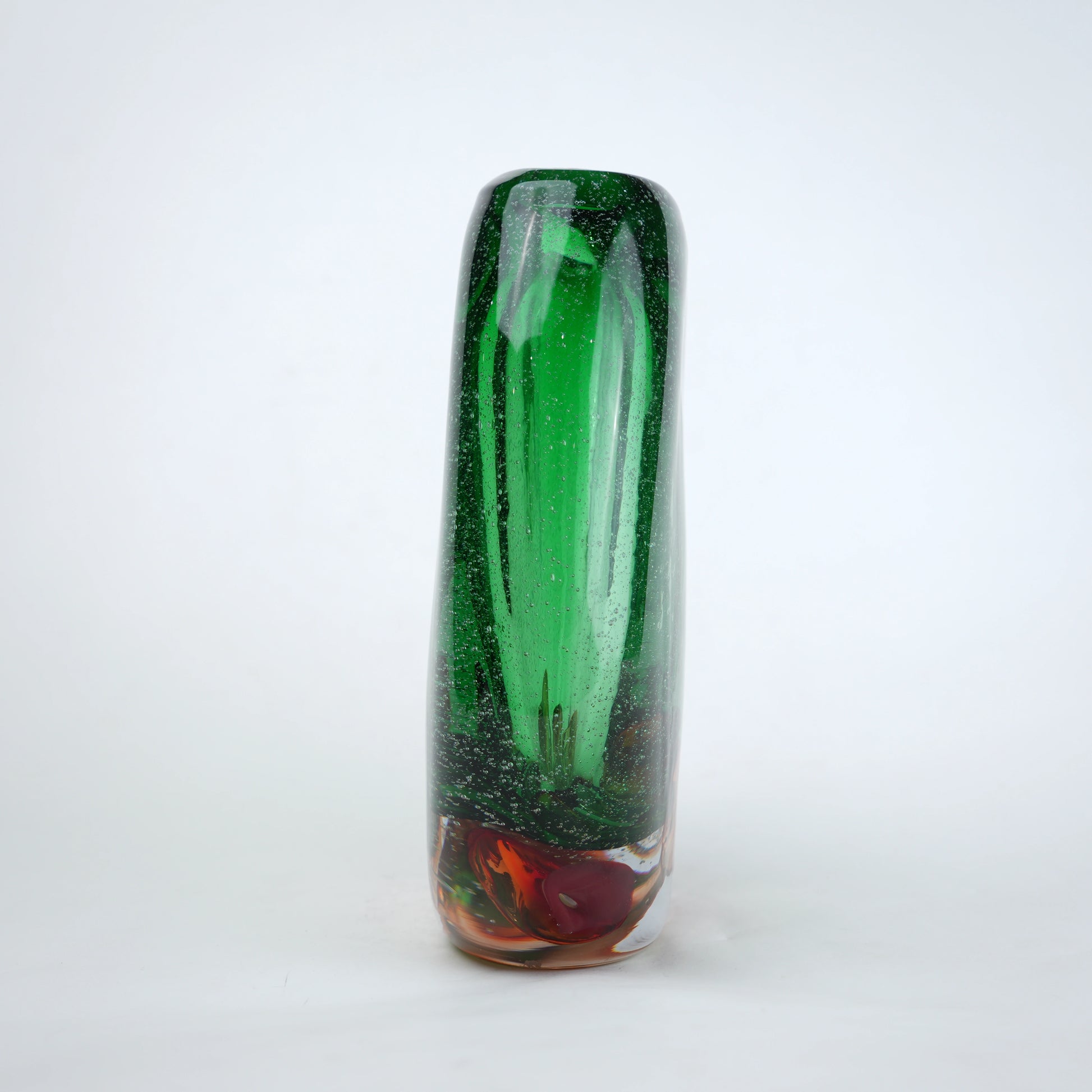 Green clear glass vase with decorative bubble base
