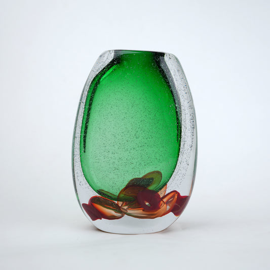 Green clear glass vase with decorative bubble base