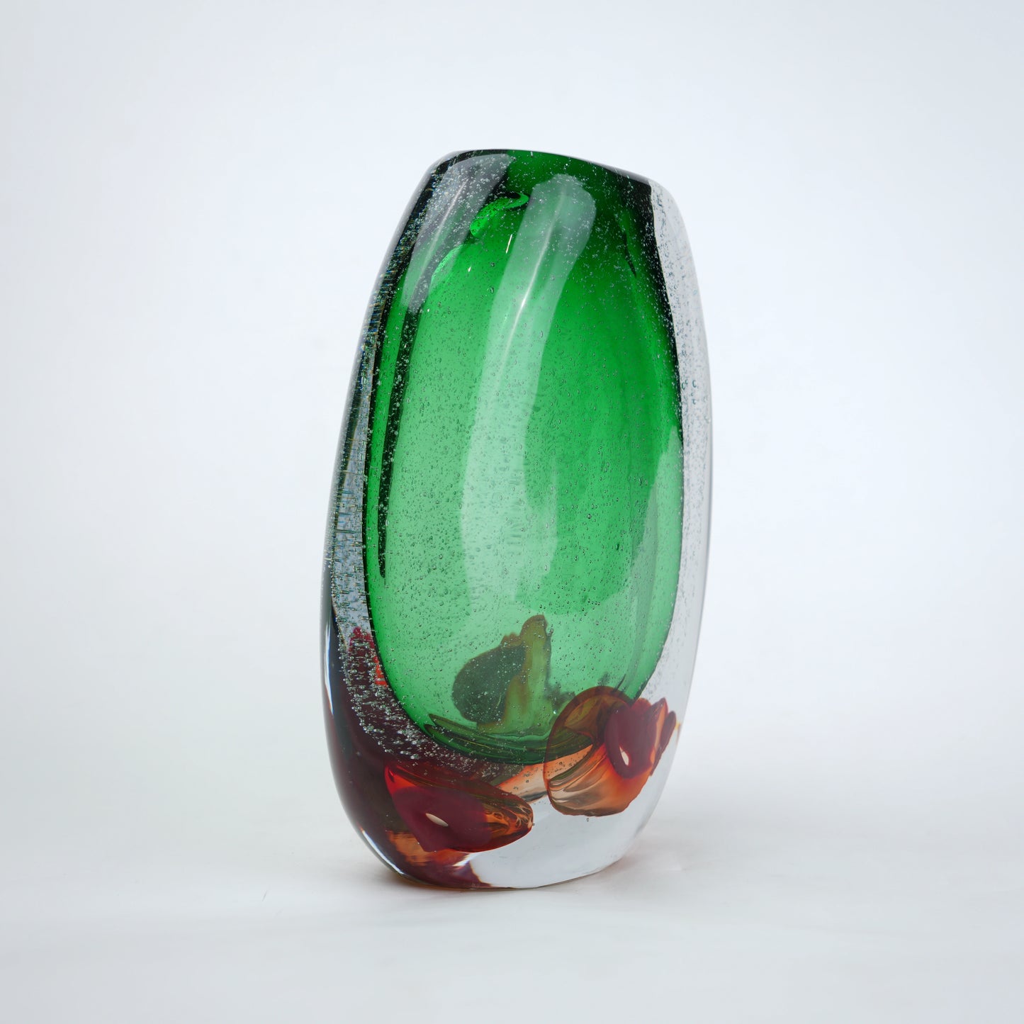 Green clear glass vase with decorative bubble base