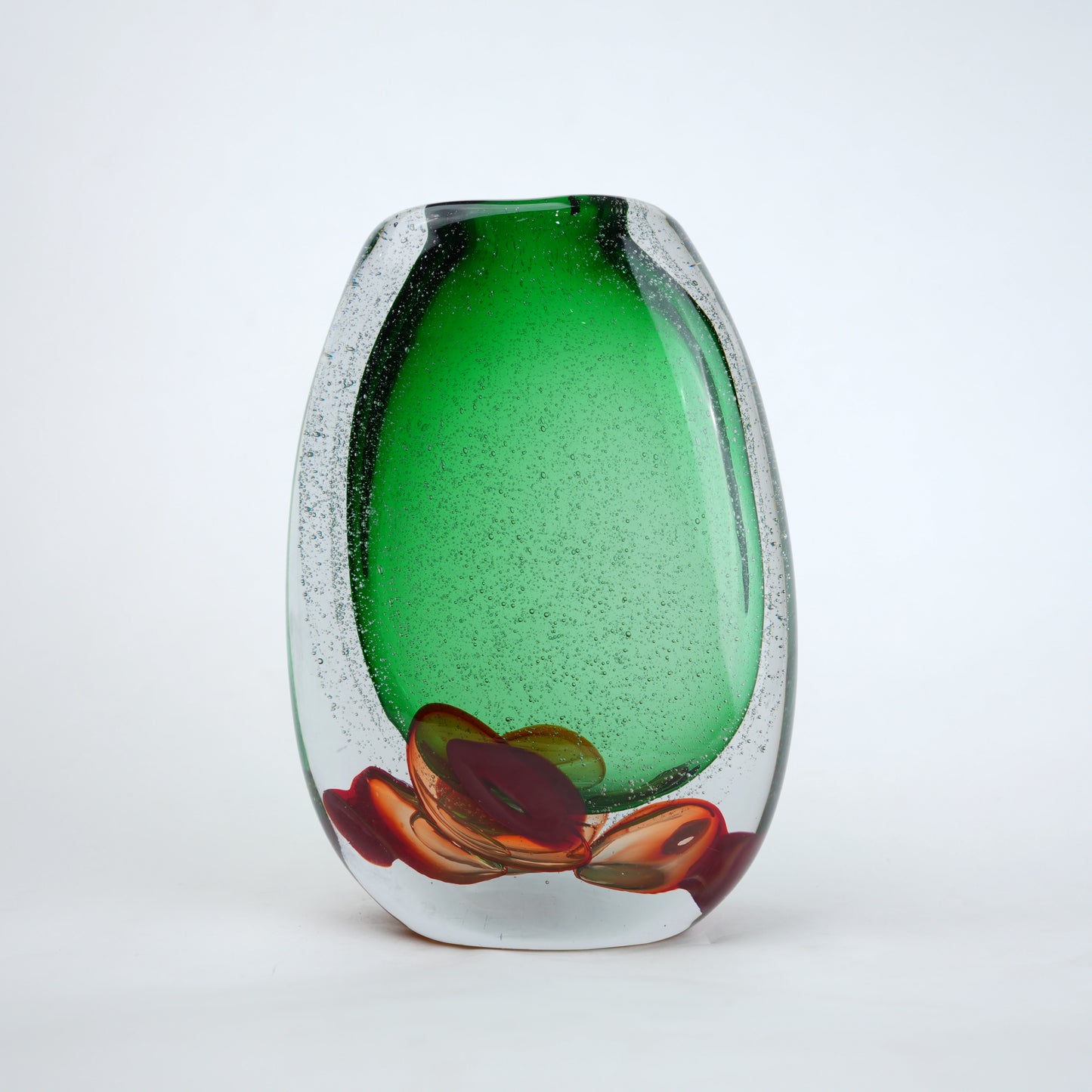 Green clear glass vase with decorative bubble base