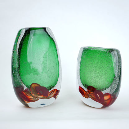 Green clear glass vase with decorative bubble base