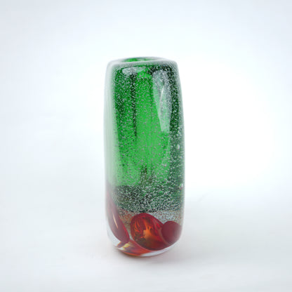 Tall green glass vase, ruby base, front shot