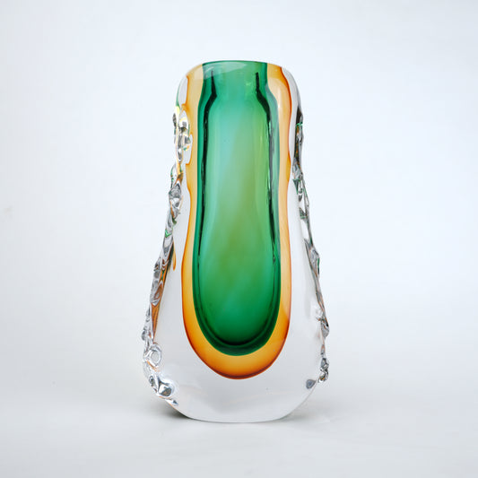 Oval core green gold glass vase with layered glass design