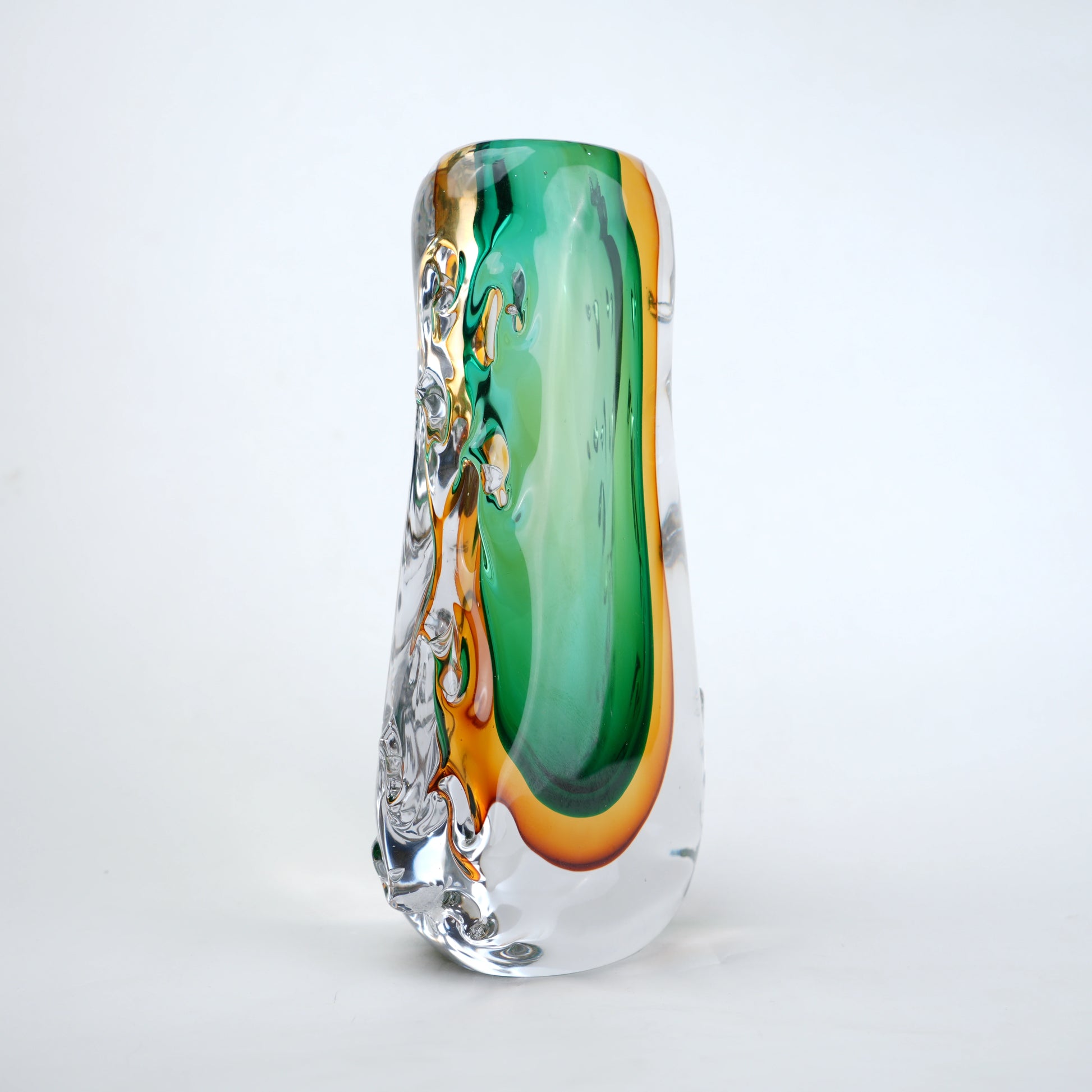 Oval core green gold glass vase with layered glass design