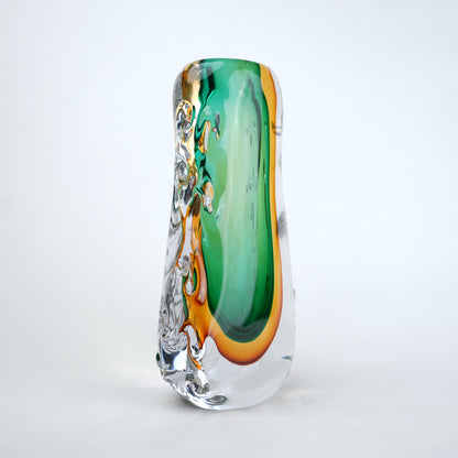 Oval core green gold glass vase with layered glass design