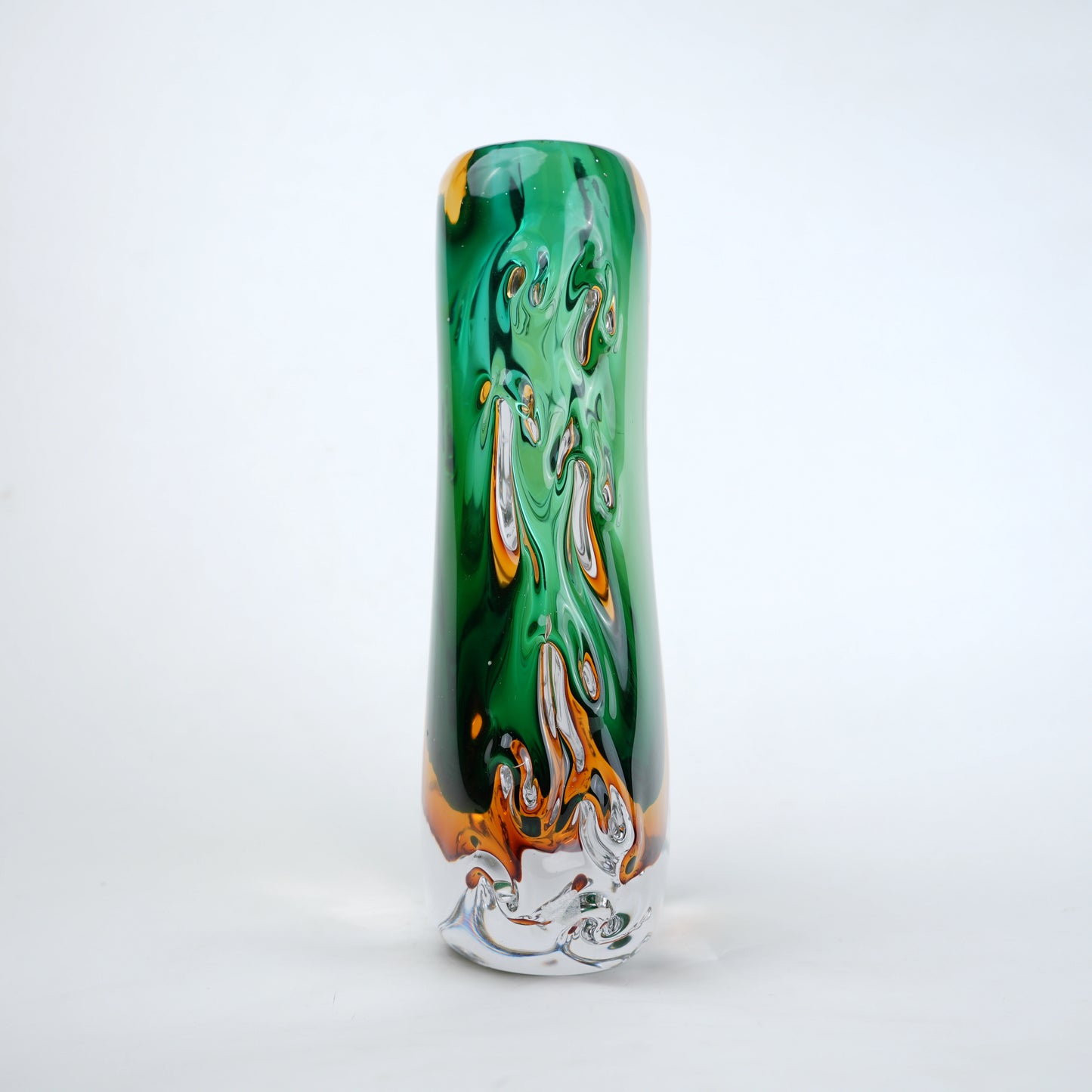 Oval core green gold glass vase with layered glass design