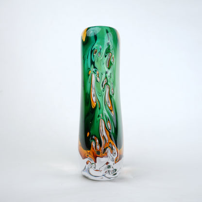 Oval core green gold glass vase with layered glass design