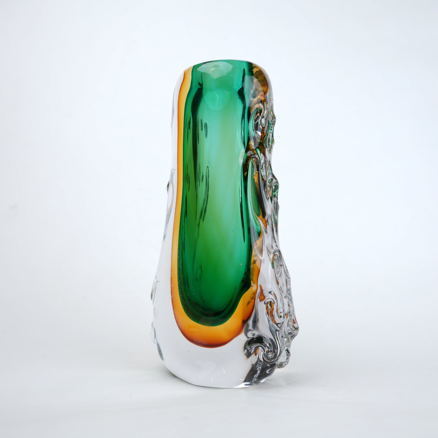 Oval core green gold glass vase with layered glass design