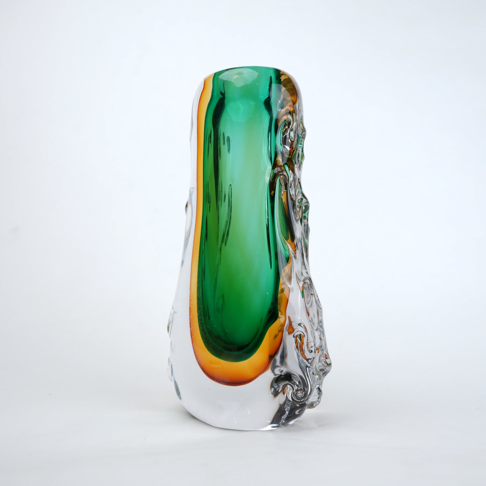 Oval core green gold glass vase with layered glass design