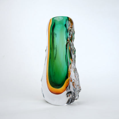 Oval core green gold glass vase with layered glass design