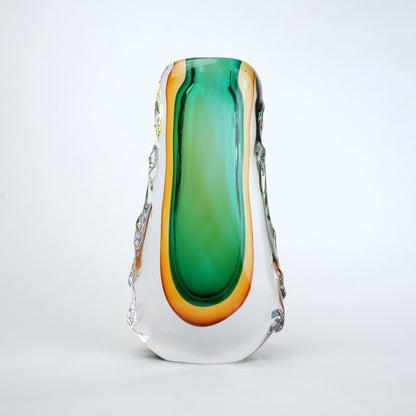 Oval core green gold glass vase with layered glass design