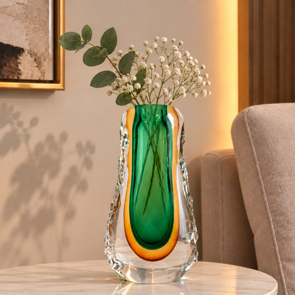 Oval core green gold glass vase with layered glass design