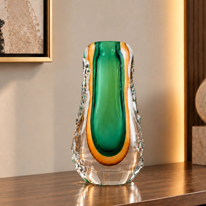 Oval core green gold glass vase with layered glass design