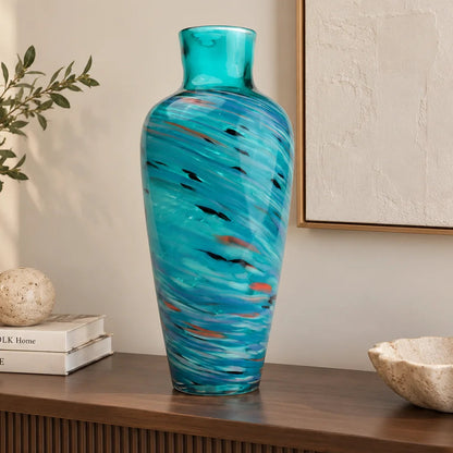 Blue green swirl pattern glass vase