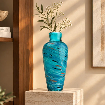 Blue green swirl pattern glass vase