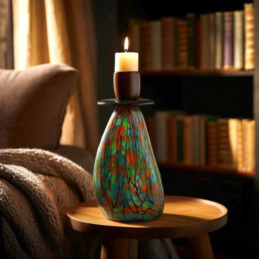 Emerald drip holder by armchair, library