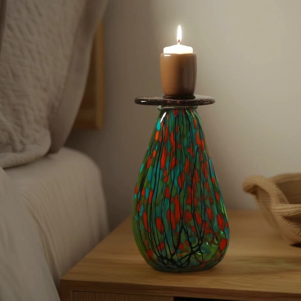 Emerald drip teardrop holder, oak bedside