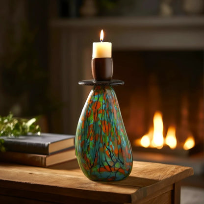 Emerald drip holder lit by fireplace