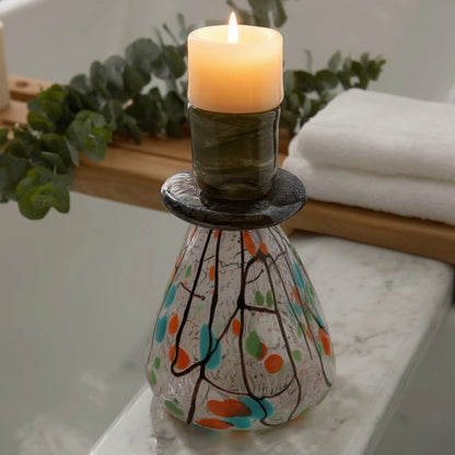 Art drip holder on bath shelf w/ eucalyptus
