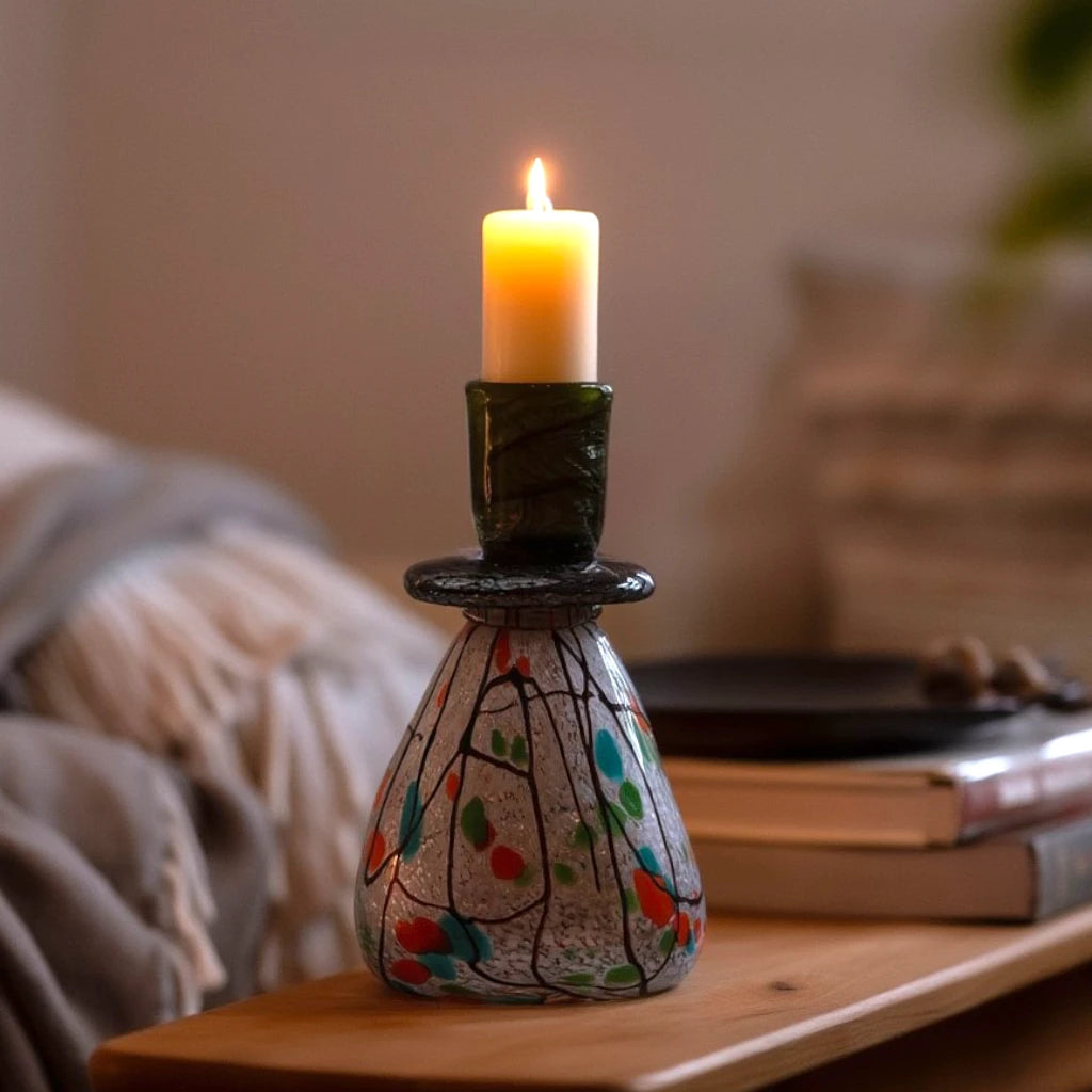 Art drip holder lit on wood side table