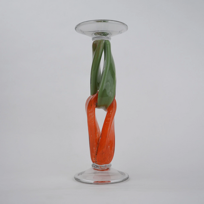 Modern art glass candle holder with green body and orange accent frame