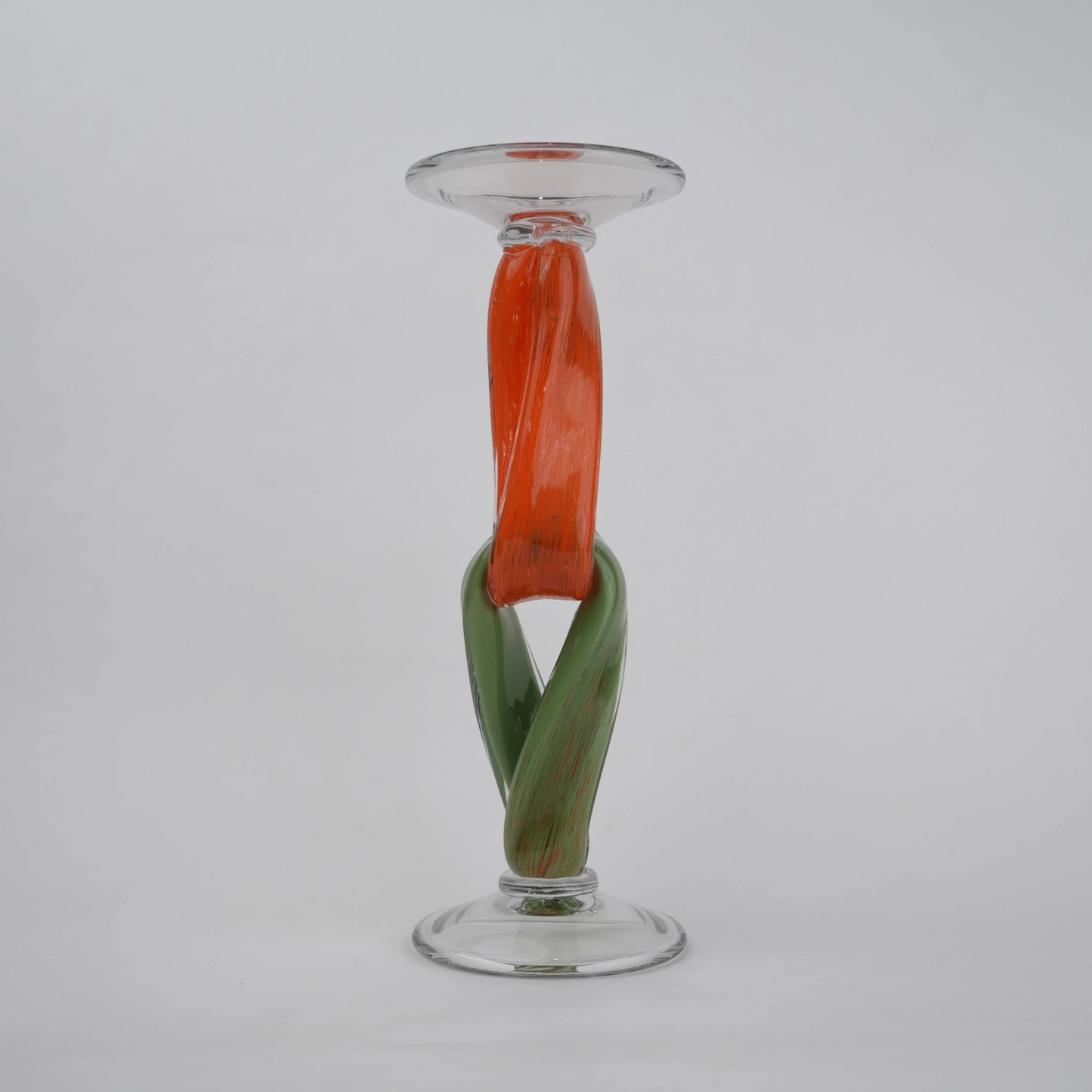 Modern art glass candle holder with green body and orange accent frame