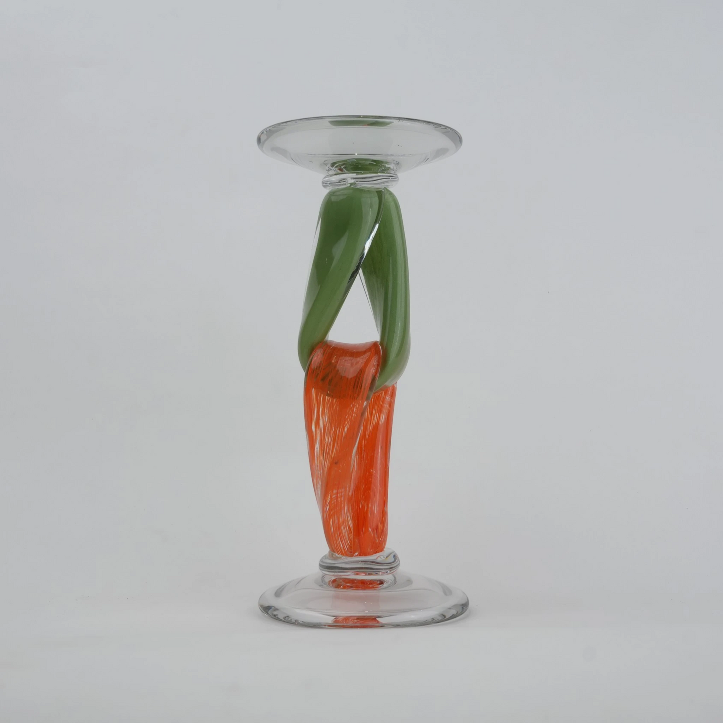 Modern art glass candle holder with green body and orange accent frame