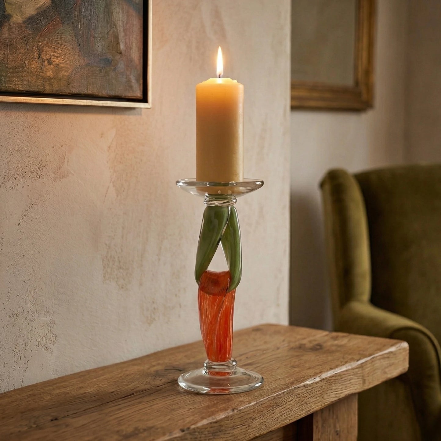 Lumi holder lit on rustic oak console
