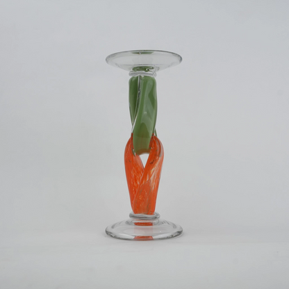 Modern art glass candle holder with green body and orange accent frame