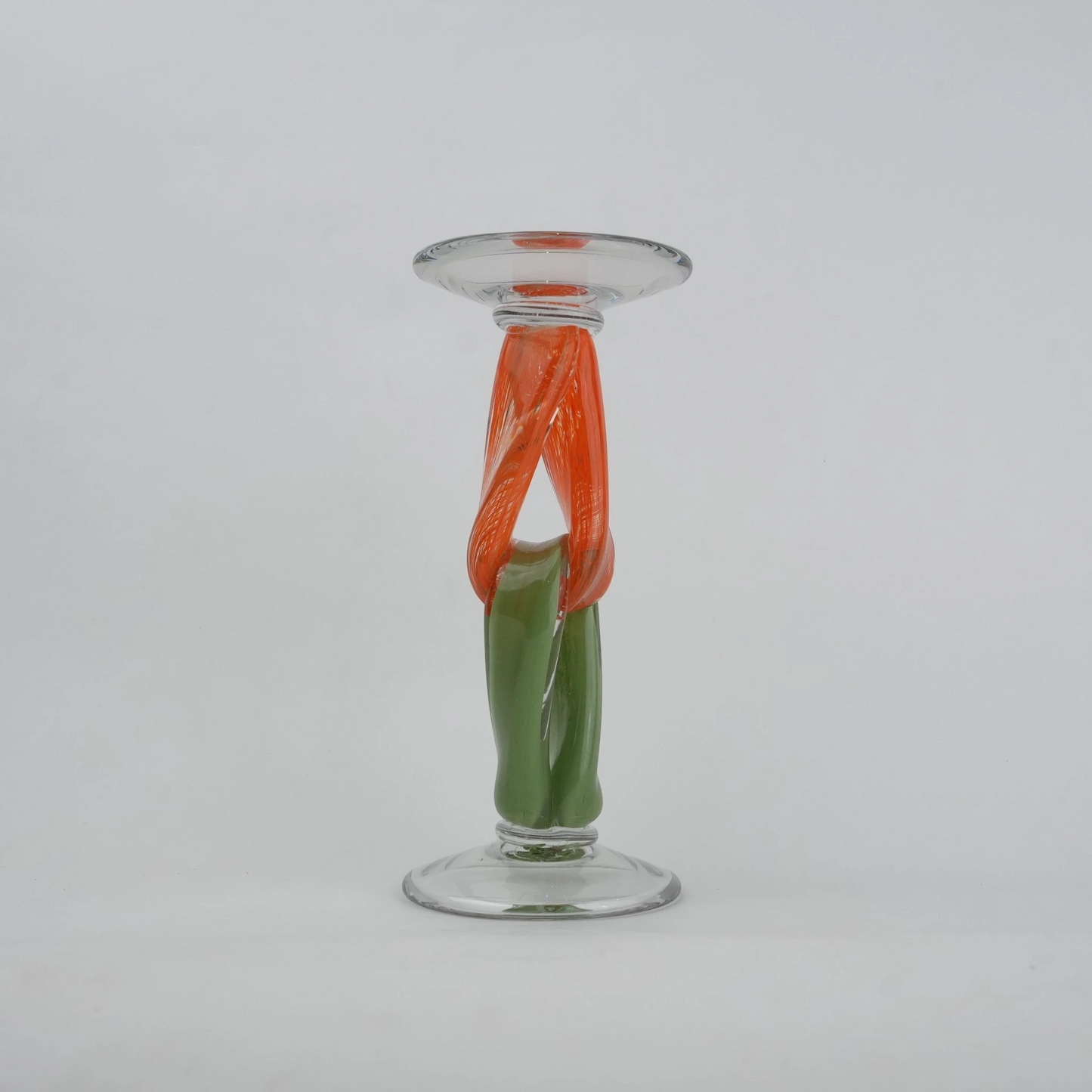 Modern art glass candle holder with green body and orange accent frame