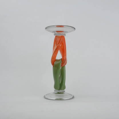 Modern art glass candle holder with green body and orange accent frame
