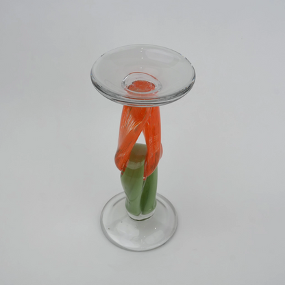 Modern art glass candle holder with green body and orange accent frame