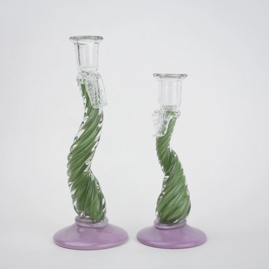 Twisted green art glass candle holders with lavender base and clear candle cup