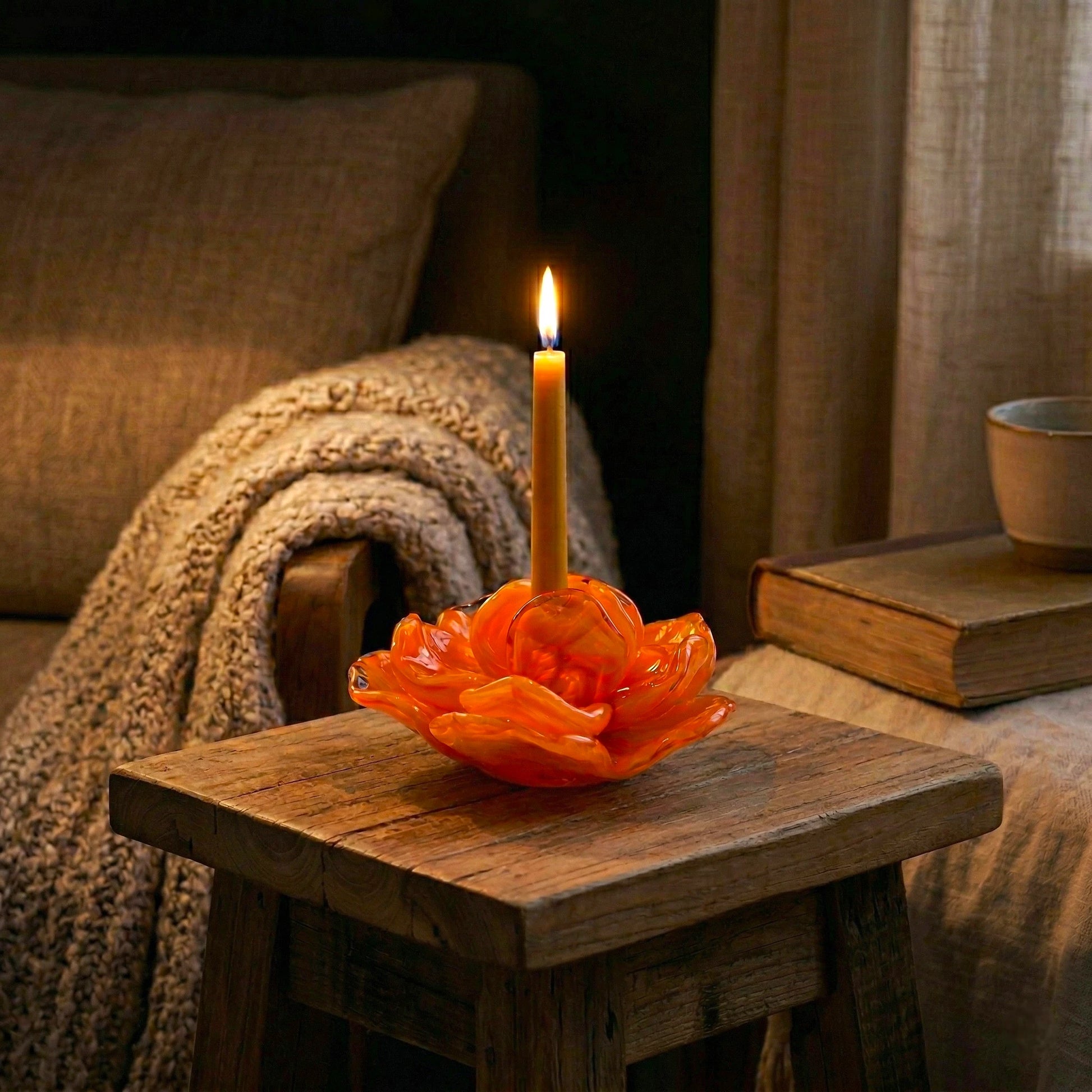 Orange flower holder, side angle on stool