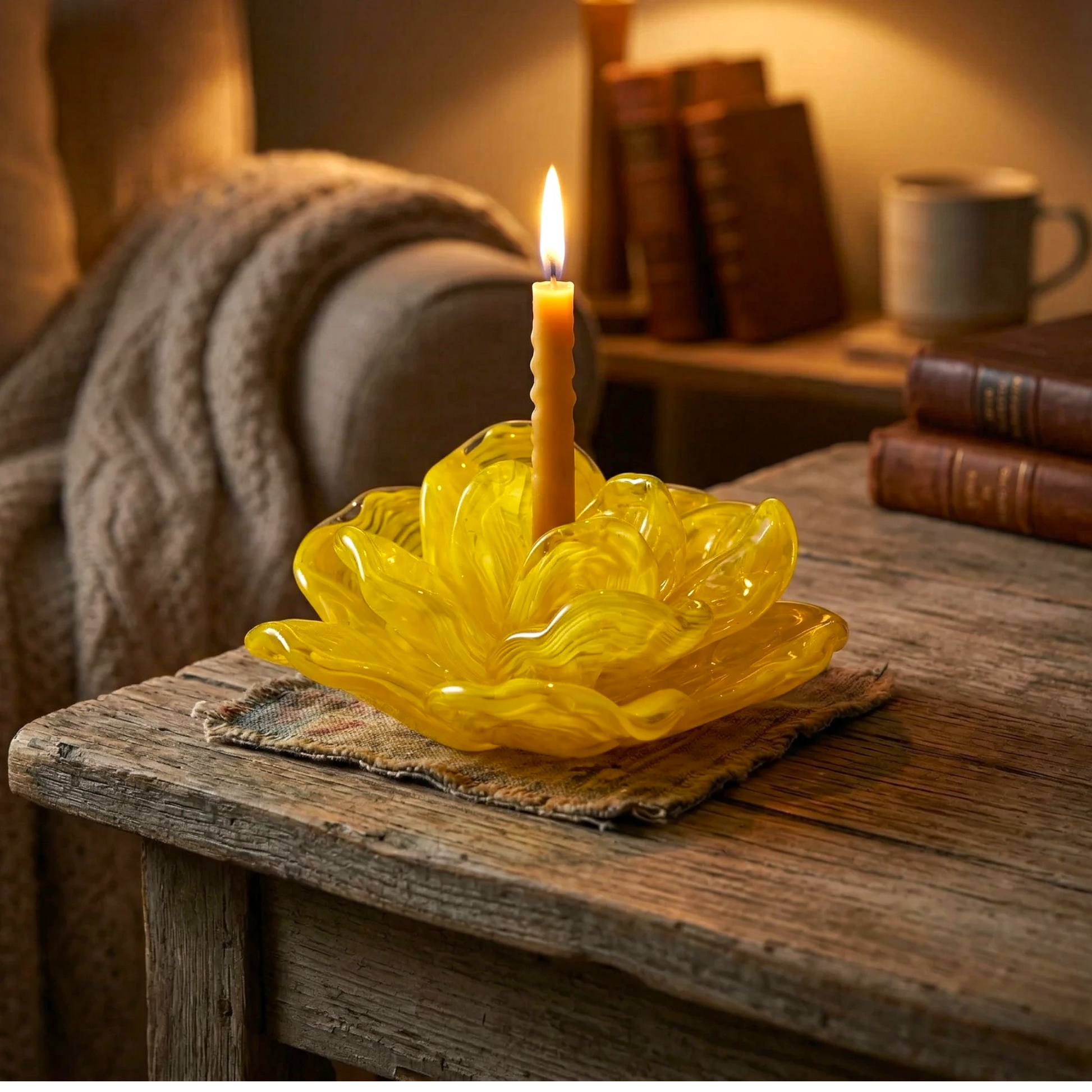 Yellow flower holder lit on weathered wood