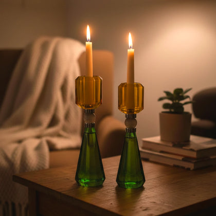 Emerald Amber Candle Holder Duo