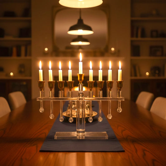 Crystal clear glass candle holder set with antique gold top cups arranged in a coordinated display