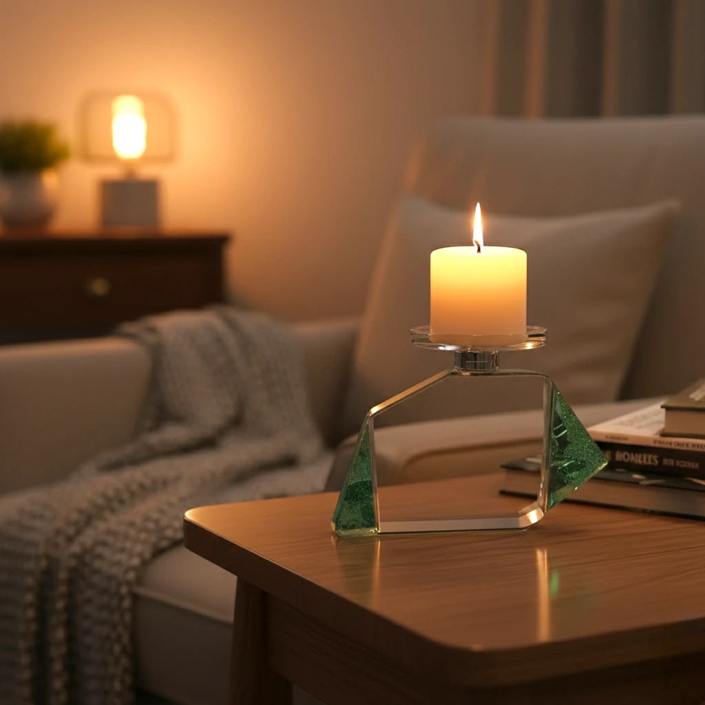 Clear geometric glass candle holder with aqua tinted base and circular design detail