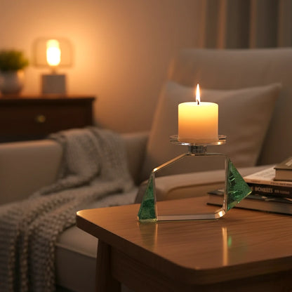 Clear geometric glass candle holder with aqua tinted base and circular design detail