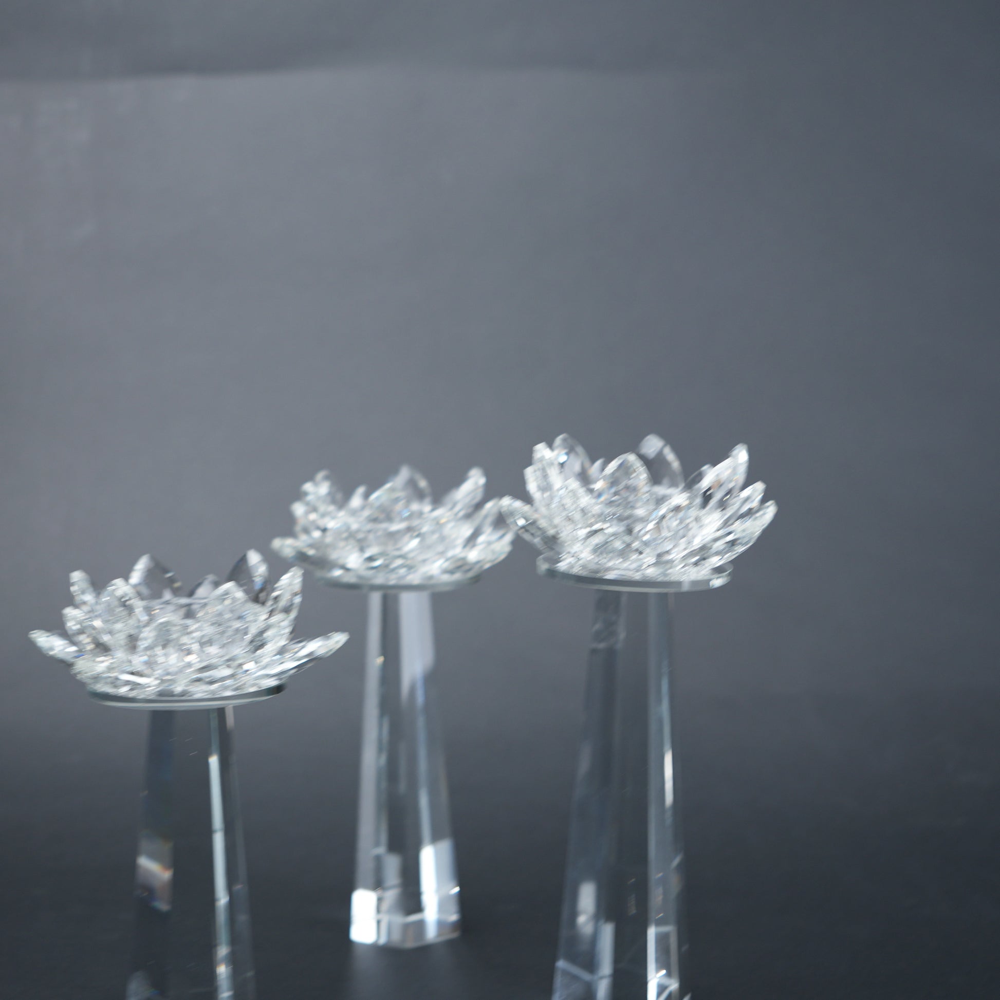 Three crystal lotus flower stands on a reflective surface with a dark background