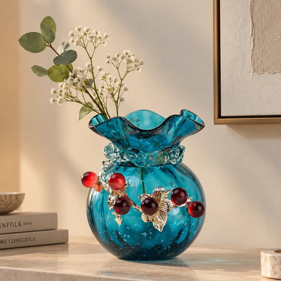 Aqua Bloom turquoise vase, red berry close-up