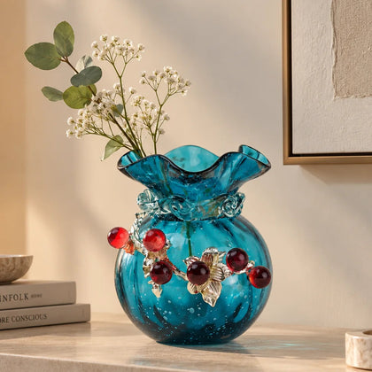 Aqua Bloom turquoise vase, red berry close-up