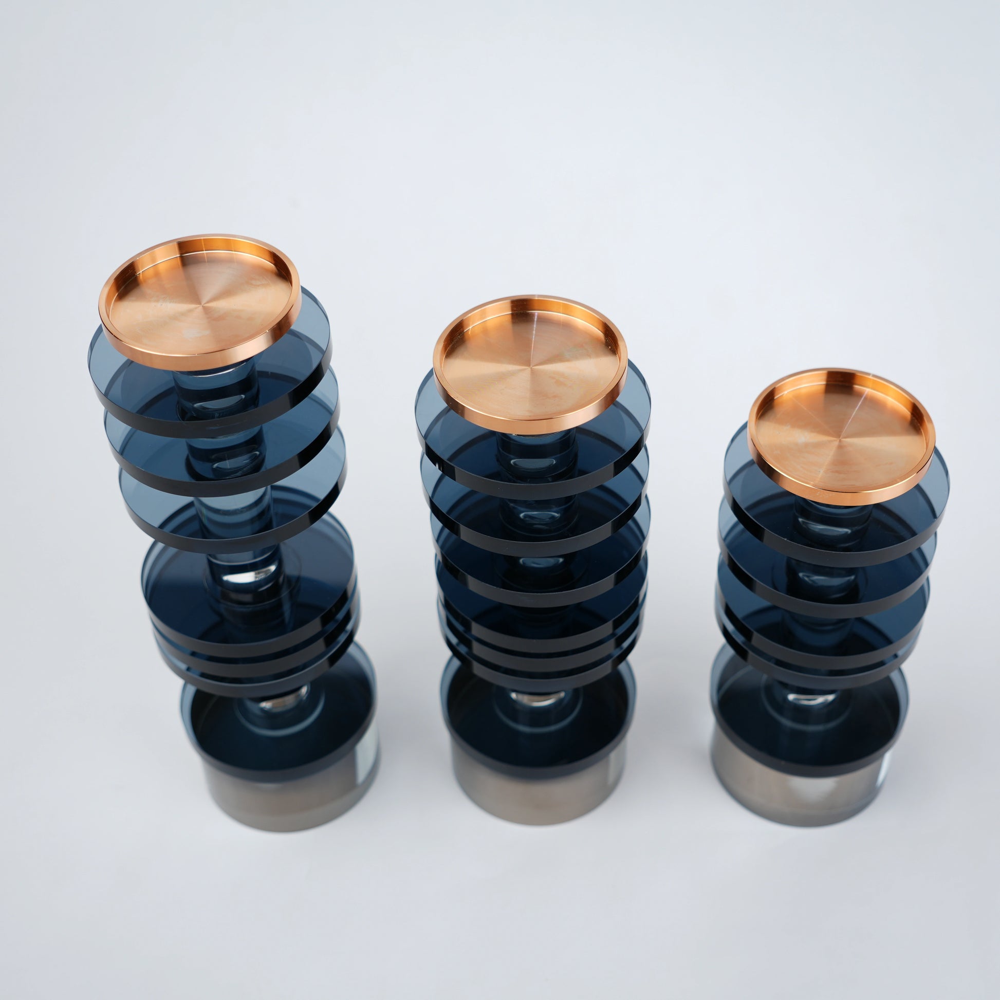 smoked blue glass candle holder with gold top modern design