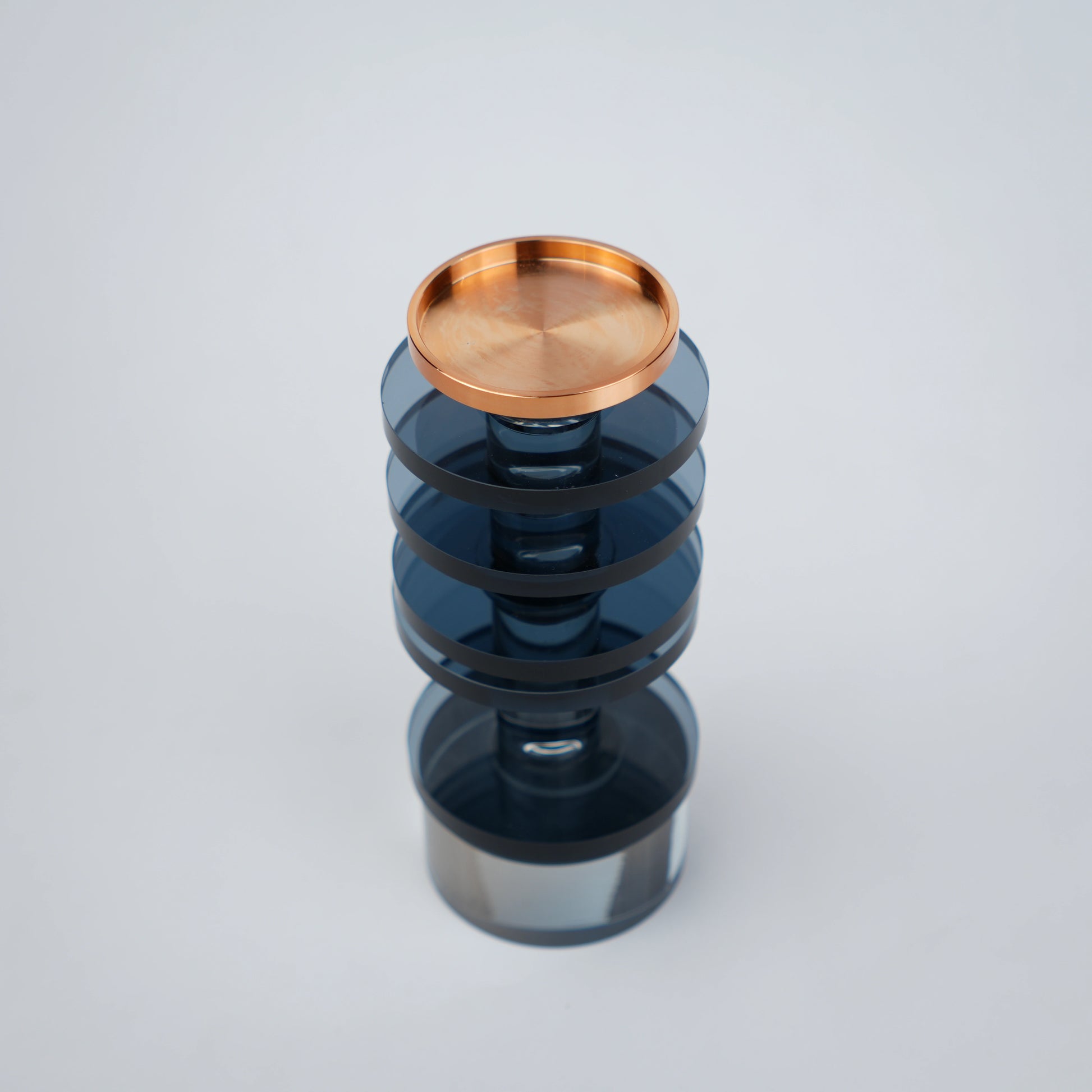smoked blue glass candle holder with gold top modern design