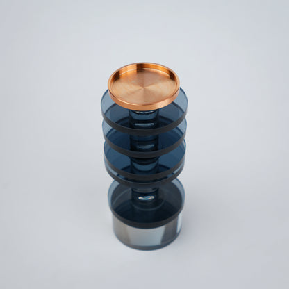 smoked blue glass candle holder with gold top modern design